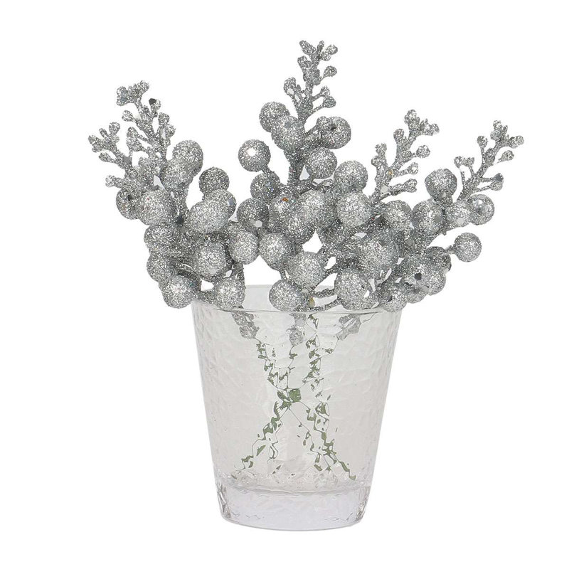 12Pcs Christmas Glitter Berries Stems 7.9 Inch Artificial Christmas Tree Picks Decoration, Argent