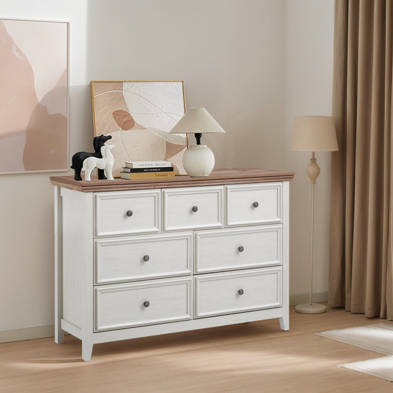 Two-Tone 7-Drawer Wooden Dresser With Brown Top