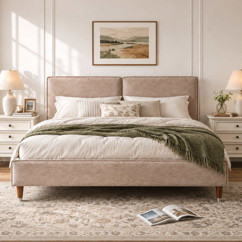 Willma Luxury Beige Upholstered Platform Bed With Quilted Pillow-Style Headboard, King
