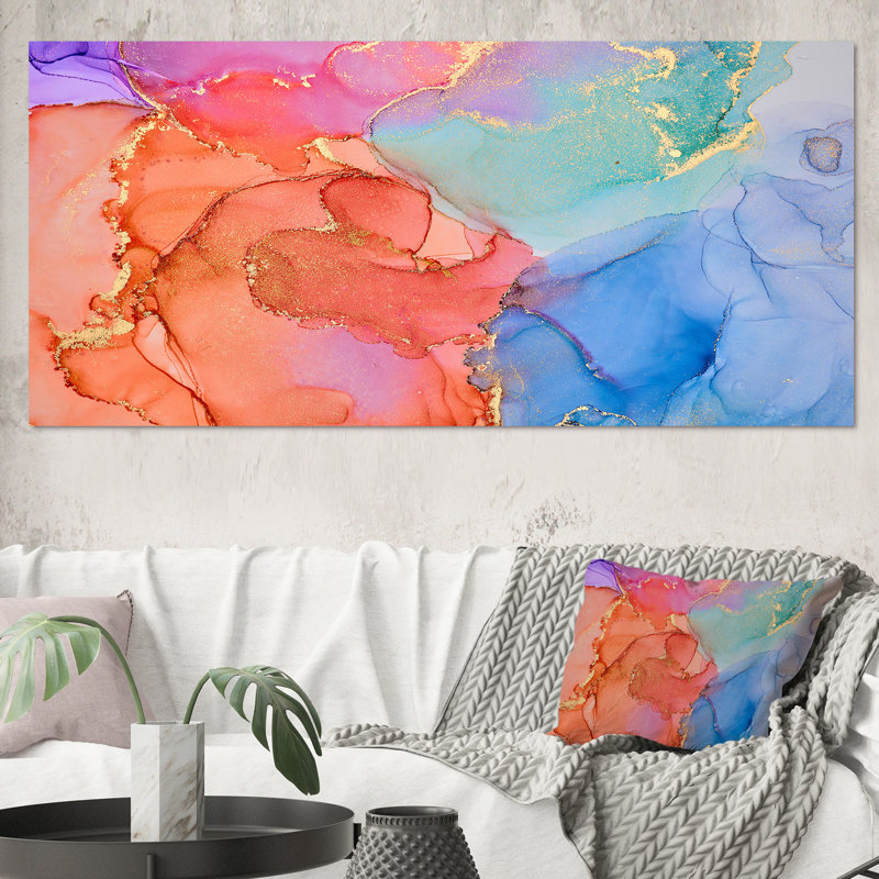 «Blue Luxury Abstract Fluid XIX», peinture sur toile, Toile tendue, H 28 po x l 60 po
