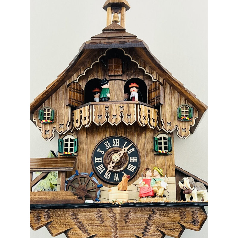  One Day Musical Cuckoo Clock – 14 in – Cottage Boy and Girl Kiss with Waterwheel