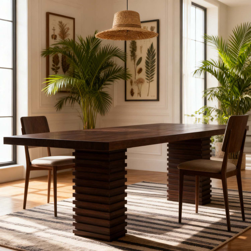 Modern Dining Table With Robust Double Pedestal, Espresso