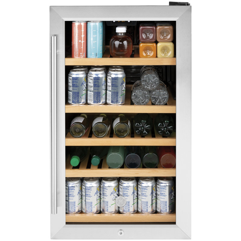 Stainless Steel Freestanding Beverage Refrigerator with Oak Shelves