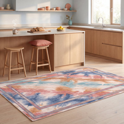 Tapis Estuary moderne à l'aspect vieilli, aquarelle abstraite, turquoise, rose et crème, lavable à la machine, antidérapant, à poils courts, pour l'intérieur et l'extérieur, adapté aux animaux domestiques, idéal pour le salon, la chambre, la salle à manger, l'entrée, le couloir ou le bureau.
