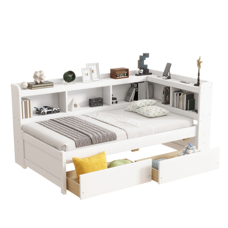 L-shaped Bookcases Bed with Power Outlets,USB Charging Ports,Two Drawers, Twin, White