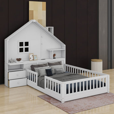 Full Size House Bed With Window,Shelves And Bedside Drawers, Platform Bed With A Set Of Sockets And USB Port