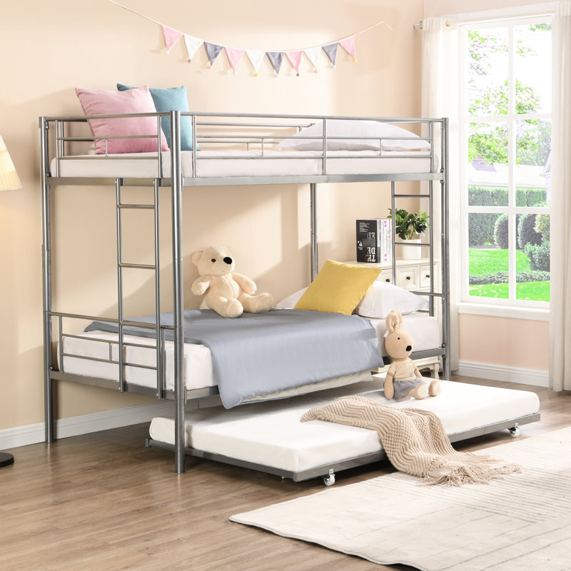 Silver Metal Bunk Bed With Trundle - And Reliable Modern Frame Construction, Silver