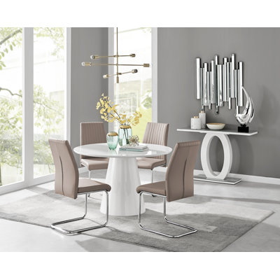 Edward Statement Pedestal Dining Table Set with 4 Luxury Faux Leather Upholstered Dining Chairs