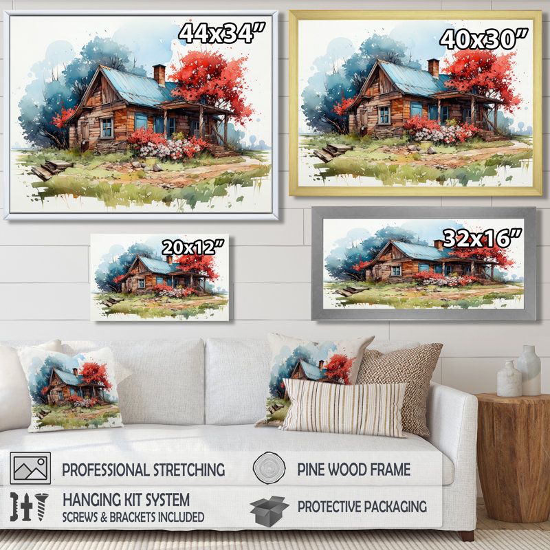 Maison de campagne avec arbre rouge aquarelle - art mural paysage, Toile tendue, H 30 po x l 40 po x P 1,5 po