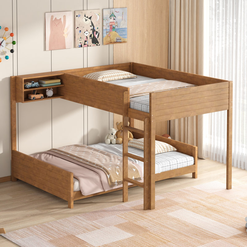 Jexley Wooden Bunk Bed with Built-in Storage Shelf & Ladder, Solid Wood Frame, Slat Support, No Box Spring Needed, Walnut