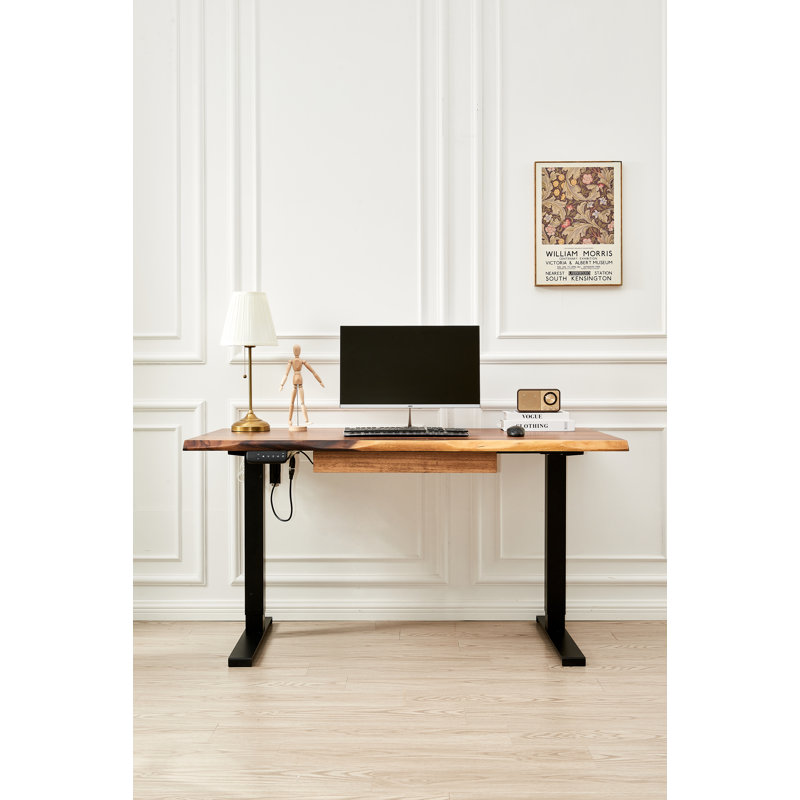  Adjustable Standing Desk with South American Walnut, Live Edge Desk with Drawer Storage, Black, 29.5" H x 58" W x 28" D