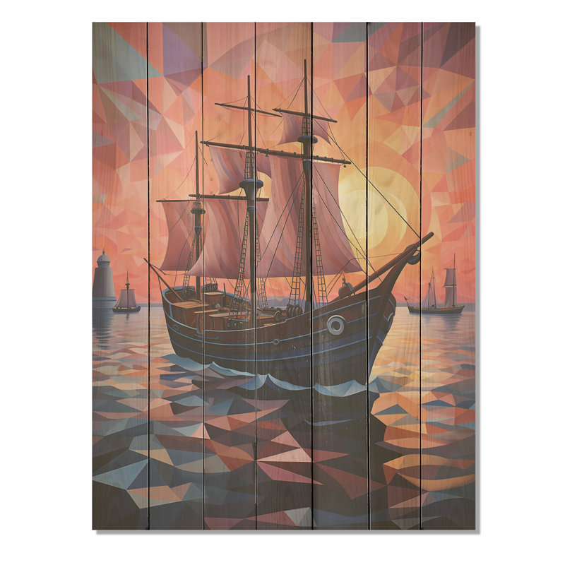 Bateau nautique, crépuscule, voile I - coucher de soleil côtier sur bois, H 32 po x l 24 po