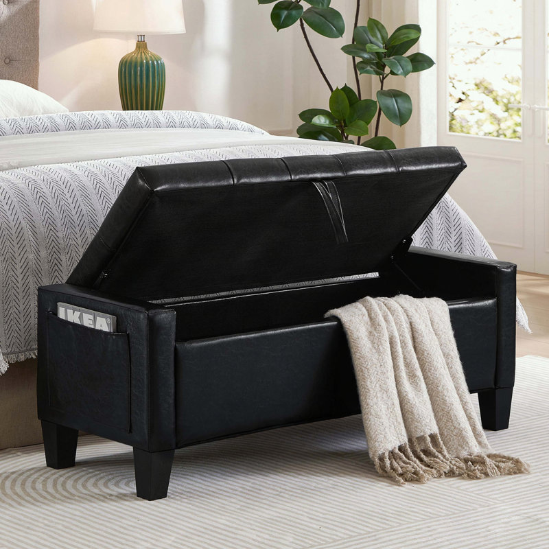 Banc en lin capitonné avec rangement, Noir