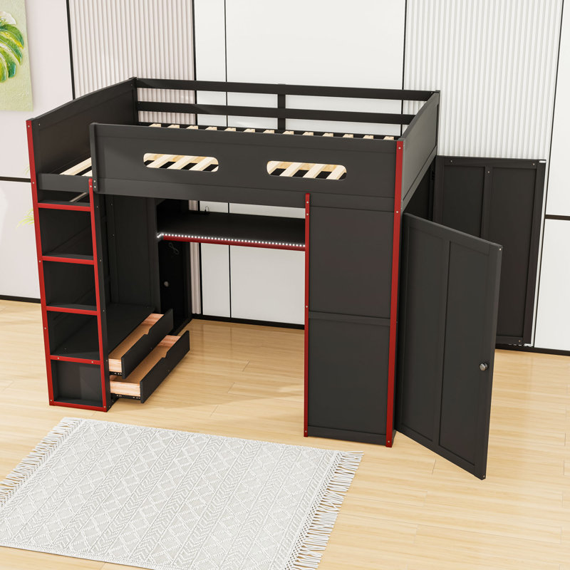 Full Wood Loft Bed With Desk, Storage Shelves, Wardrobe, USB Port And LED Light, Red
