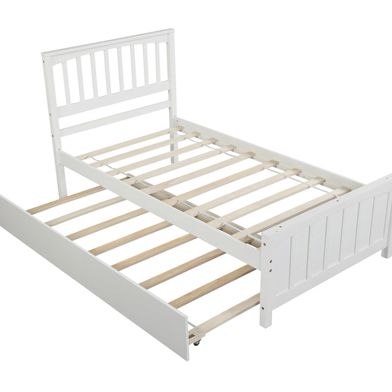 Twin Platform Bed With Rolling Trundle In White - Solid Wood For A Comfortable Sleep Romantic Bedroom Interior, White