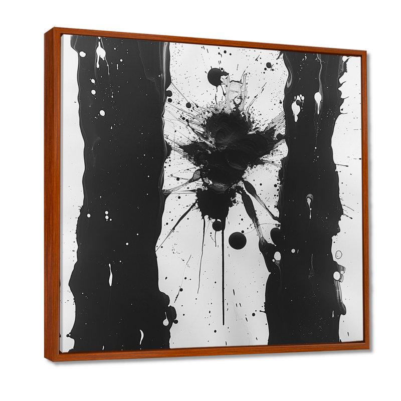 Sudden Chaos Black White Minimal Spatter - Art mural abstrait à l'encre liquide, Toile avec cadre flottant brun