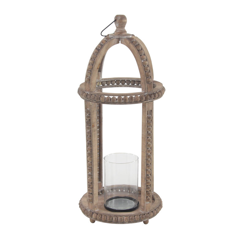 Reclaimed Wood Beaded Decorative Indoor Outdoor Brown Candle Lantern