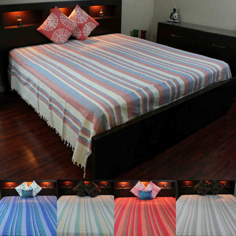 100% Cotton Striped Flat Sheet, Beige/Red/Blue