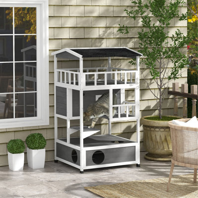 Maison pour chat d'extérieur en bois Pawhut, maison pour chat avec abri pour chat avec toit en asphalte, portes de secours, condo, plateforme de saut, gris clair