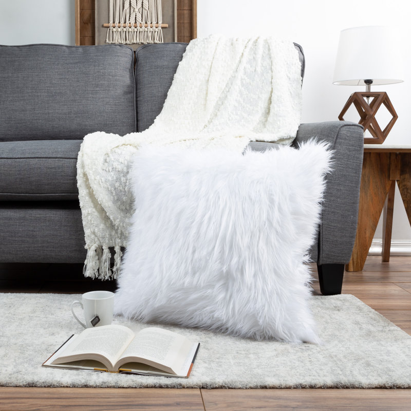Faux Fur Reversible Throw Pillow, White, 20'' H X 20'' W X 1'' D