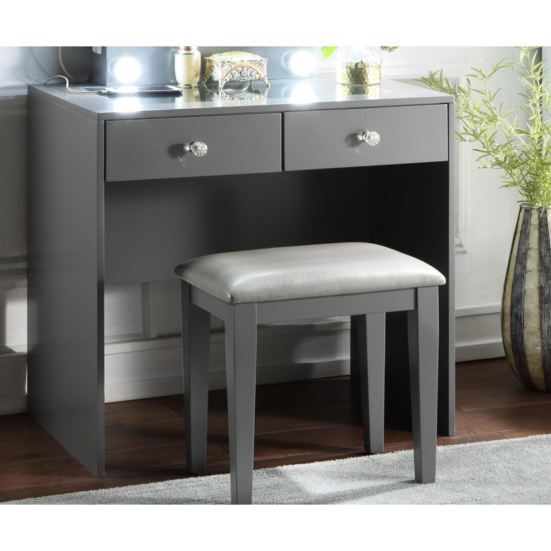 Bedroom Makeup Vanity, 10 Lights, Port, Power Outlet, 2 Drawers, Modern Luxury Lights Vanity For Bedroom, Glamorous, Gray