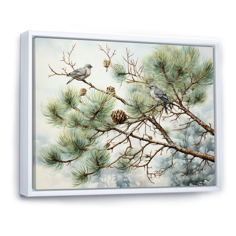 Oiseau sur pin I - Art mural pin, Cadre flottant blanc, H 34 po x l 44 po x P 1,5 po
