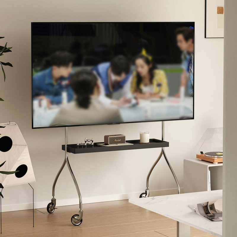 Rolling TV Floor Stand with Wheels for 40–70 Inch, Stainless Steel & Wood Mobile TV Stand with Storage Shelves, Black