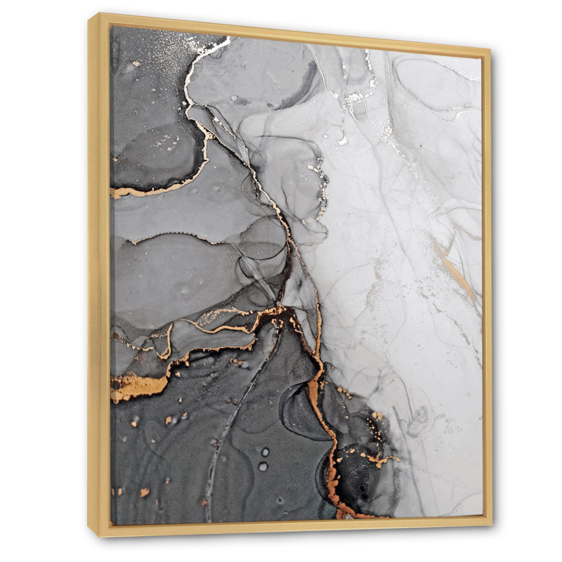 Vagues de marbre gris et orange - art mural abstrait, H 32 po x l 16 po, Cadre flottant en érable