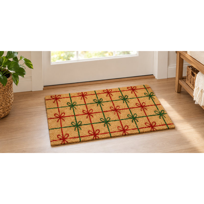 Tapis de porte antidérapant en fibre de coco avec support PVC 18 x 30 cm - Tapis de porte festif en fibre de coco à motif d'emballage cadeau