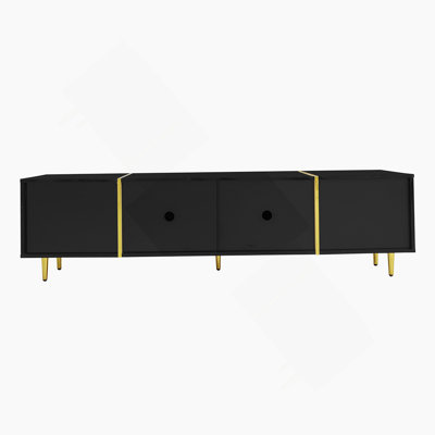 Meuble télé noir et ultra-brillant avec 4 portes, moderne et minimaliste, dans une combinaison de couleur noir-or