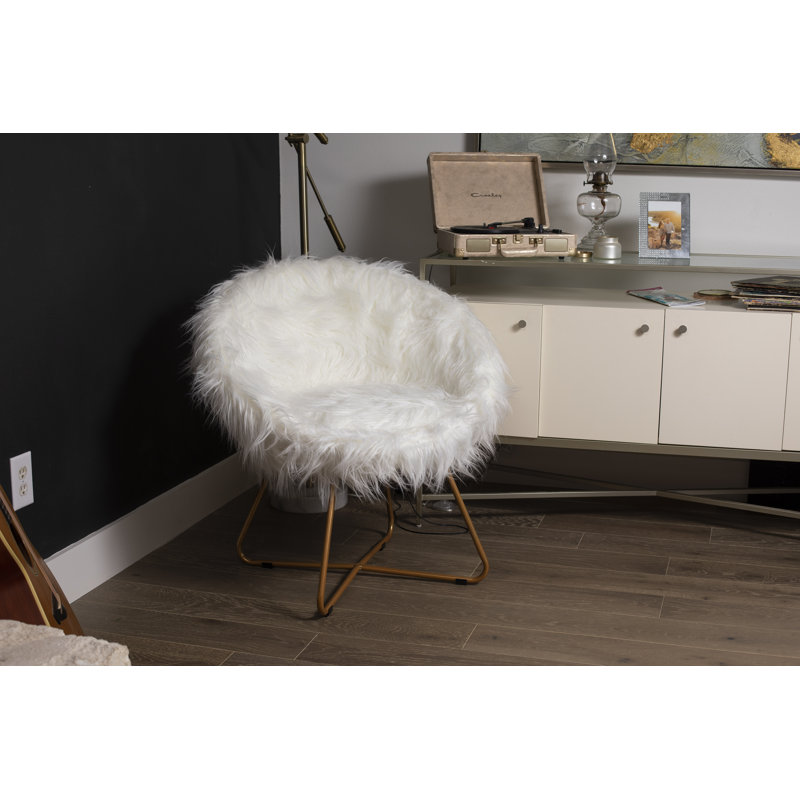 Upholstered Accent Chair, White Faux Fur, Gold