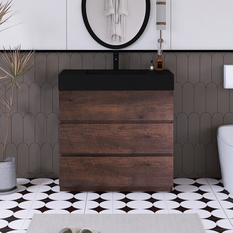 Ensemble de meuble-lavabo simple 35,8 po avec surface solide Rahoul, Brun, Noir mat