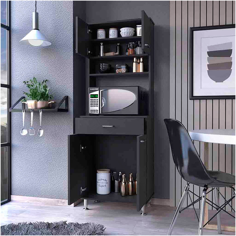Bay Area Pantry, Two Door Cabinets, One Drawer, Four Adjustable Metal Legs, Black