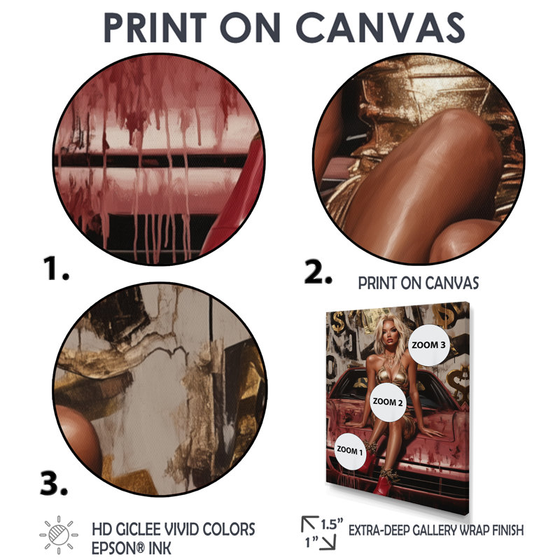 Décoration murale «Blonde Bombshell On Exotic Car - Fashion Girl Power», H 20 po x l 12 po, Cadre simple noir