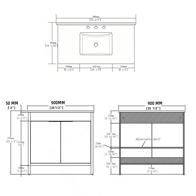 Meuble-lavabo autoportant de 91 cm avec lavabo, porte à fermeture amortie, comptoir et dosseret en marbre synthétique blanc de Carrare de 5 cm, contreplaqué