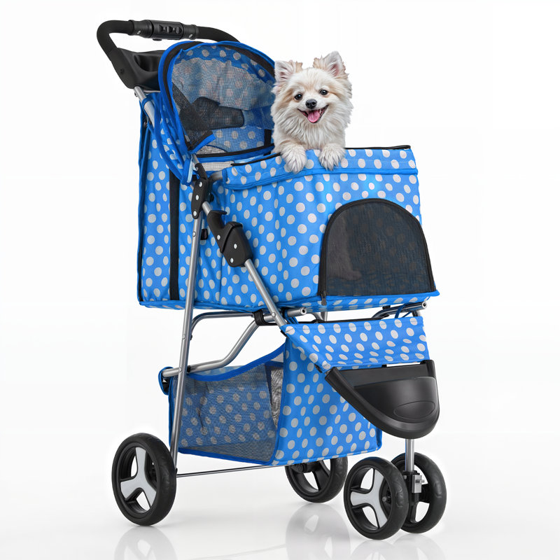 Sky Blue Polka Dot Foldable Pet Stroller with Storage