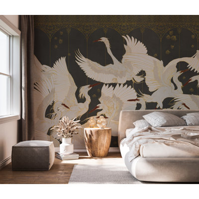 Black and Gold Art Deco Crane Bird Wallpaper Mural With Ornate Arch Design