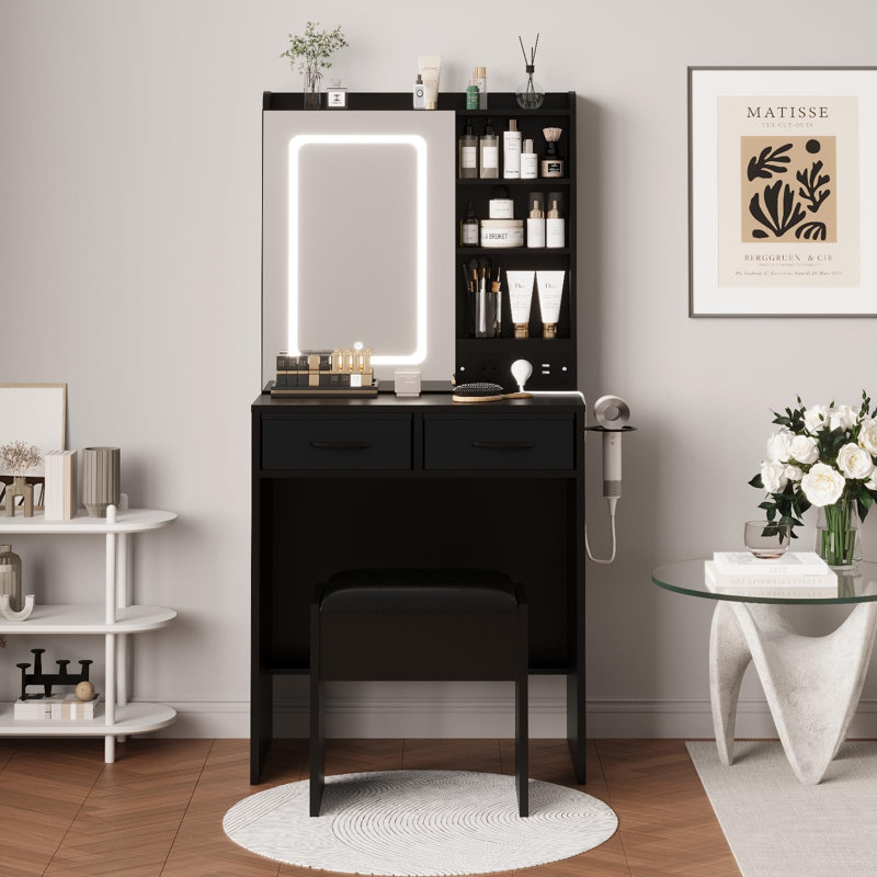 Bureau de maquillage avec miroir DEL et lumières - 5 tiroirs, tablettes ouvertes, station de charge (2 prises et 2 ports USB), armoires RVB, tabouret rembourré - noir