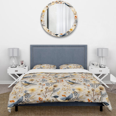 Blue And Yellow Scandinavian Floral Bird Elegance Floral Duvet Cover