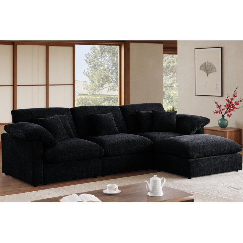 Canapé modulaire en forme de L 117,2 po en chenille de tissu profond avec nuage de chenille noir, Chenille noir
