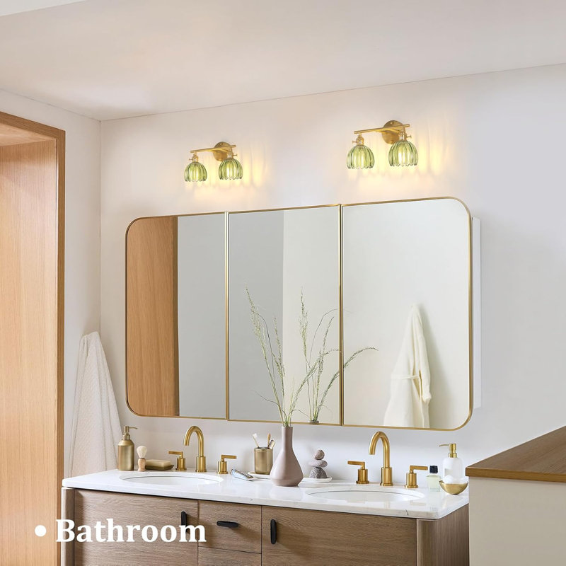 Luminaire de salle de bain, applique murale en laiton à 2 lumières sur miroir avec abat-jour en verre tulipe vert pour le salon de la chambre à coucher