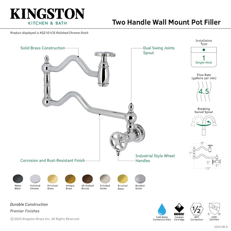 Kingston Brass Fuller Two-Handle 1-Hole Wall Mount Pot Filler Faucet, Brushed Brass
