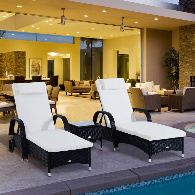 Kloss Outdoor Metal Chaise Lounge with Table , Cushion Included, Black, White