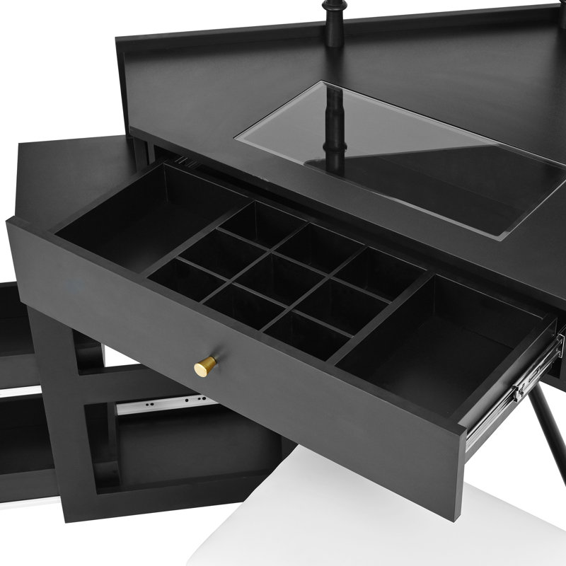 Corner Vanity Desk With Charging Station, Glass Tabletop, Removable Cabinet And Storage For Organized Beauty Makeup Routine Black Cushioned Stool, Tabletop Jewelry Drawer