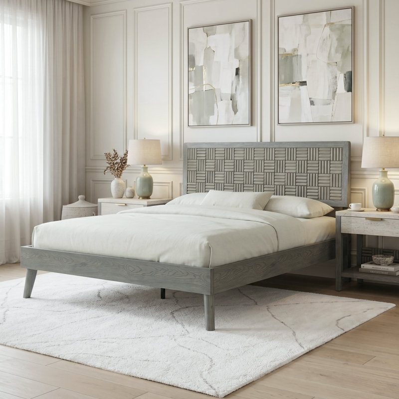 Queen Size Platform Bed Frame with Headboard & Footboard, Central Metal Legs, 12 Solid Wood Strong Slatted Base, Noise-Free & Anti-Slip, No Box Spring Needed, Weathered Gray Oak Finish
