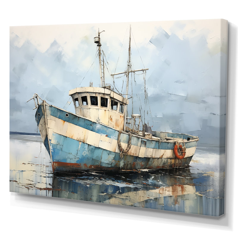 Bateau de pêche bleu et blanc - bateau côtier, art mural, H 24 po x l 32 po x P 1 po, Toile tendue