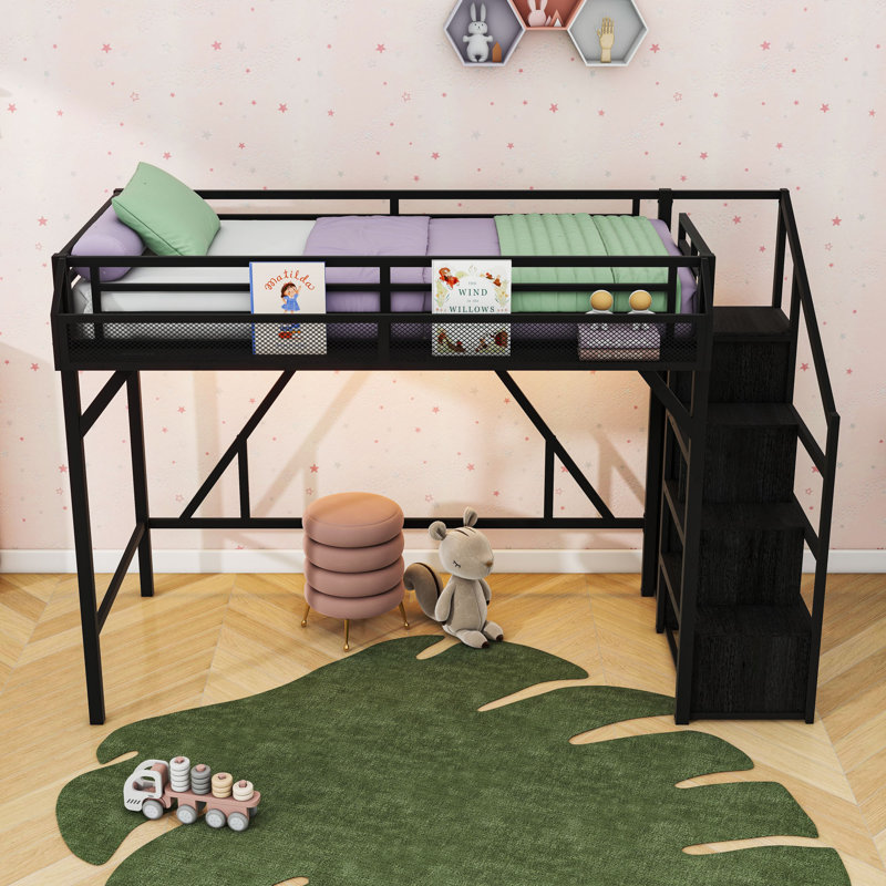Multi-Functional Metal Loft Bed with Built-in Wardrobe, Shelves, USB Ports and LED Lighting, Black, Extra-Long Twin