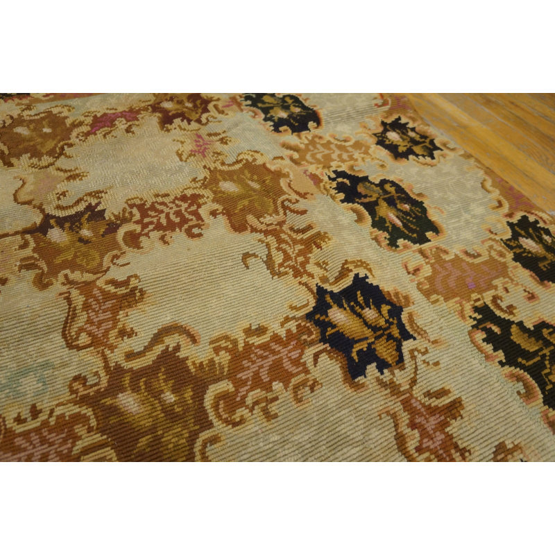 European Cream and Brown Color Floral Design Antique English Needlepoint Rug