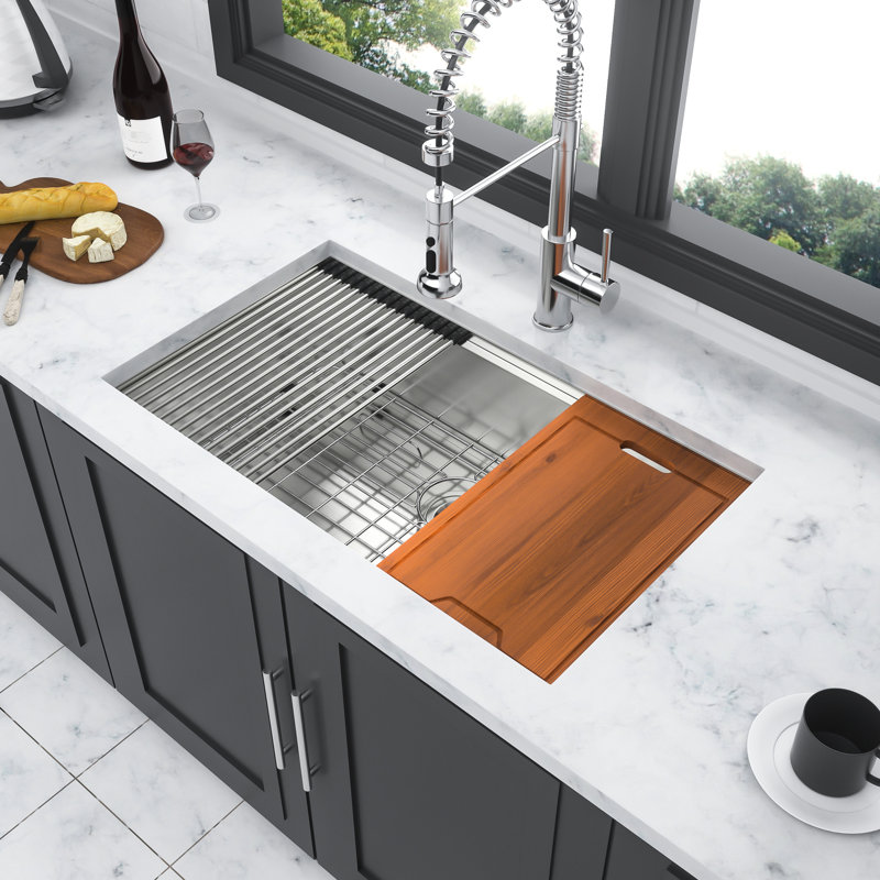 30"X19"X10" Undermount Workstation Sink Of 16 Gauge Stainless Steel, With Built-In Ledge For Accessories Movement, X-Shaped Water Guide Efficient Drain, R10 Corners Food Placement, Condensation