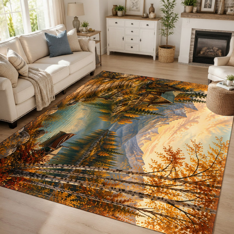 Tapis imprimé paysage pittoresque (1 pièce) - Décoration artistique chalet d'automne et lac, lavable, surface fine avec envers antidérapant, idéal pour le salon, la chambre à coucher, la cuisine et le bureau.
